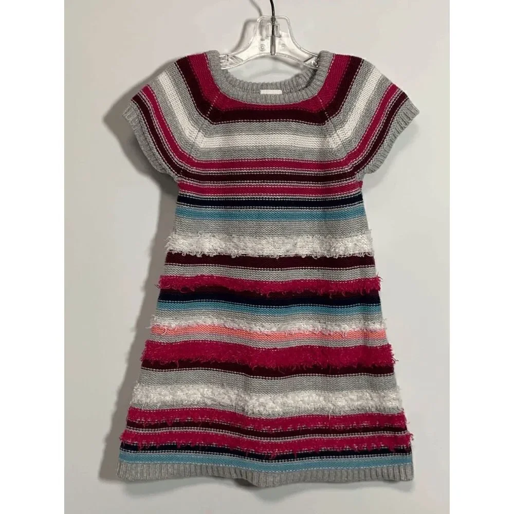 Gymboree Girls Striped Fuzzy Knit Sweater Dress Short Sleeve Gray Pink Size 4